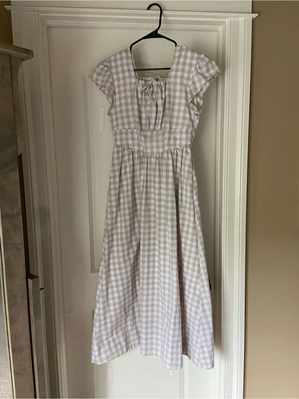 Bohme Prairie Beige Gingham Dress with Tie Front midi linen blend size xs